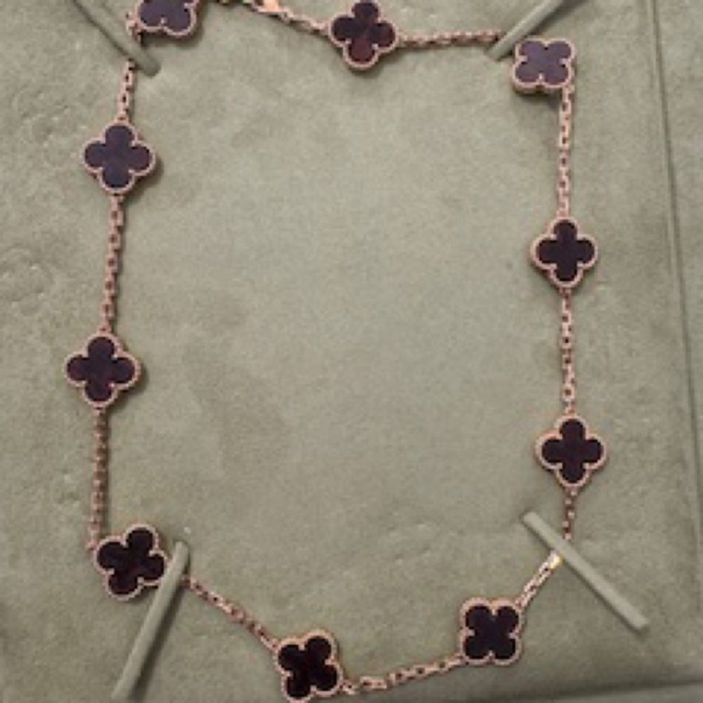 Van Cleef and Arpels 10 motif Letterwood and Rose Gold Alhambra necklace